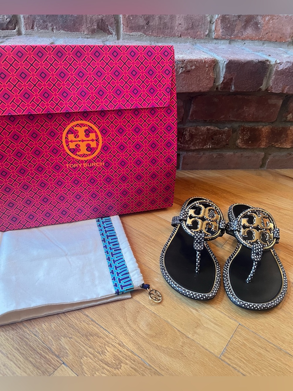 Tory Burch Black & White Leather Embossed Spotted Snake Metal Miller Sandals